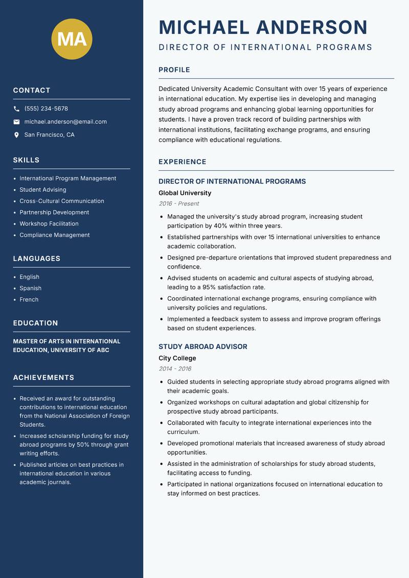 University Academic Consultant resume sample — Director of International Programs focus