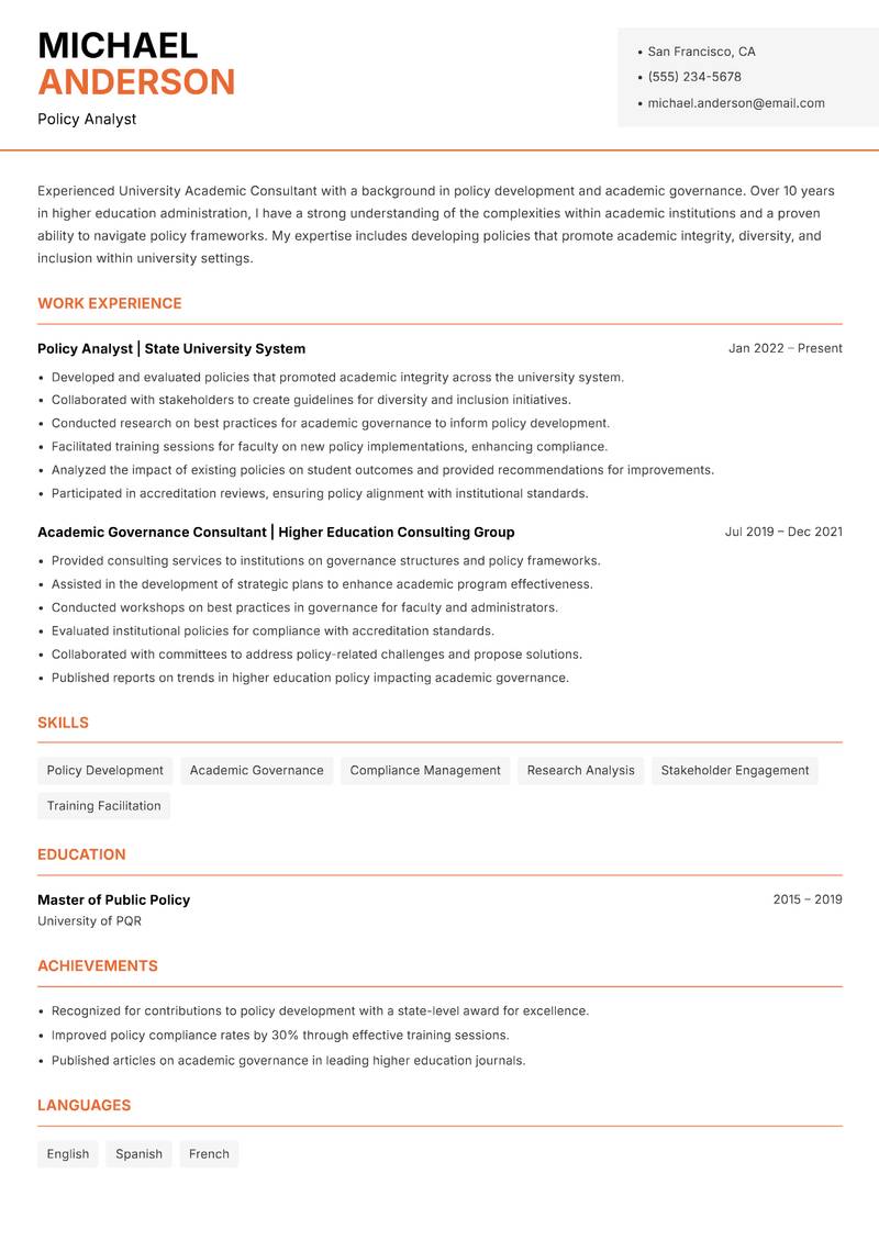 University Academic Consultant resume sample — Policy Analyst focus