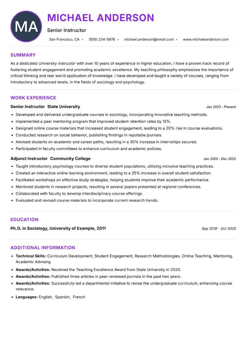 University Instructor resume example
