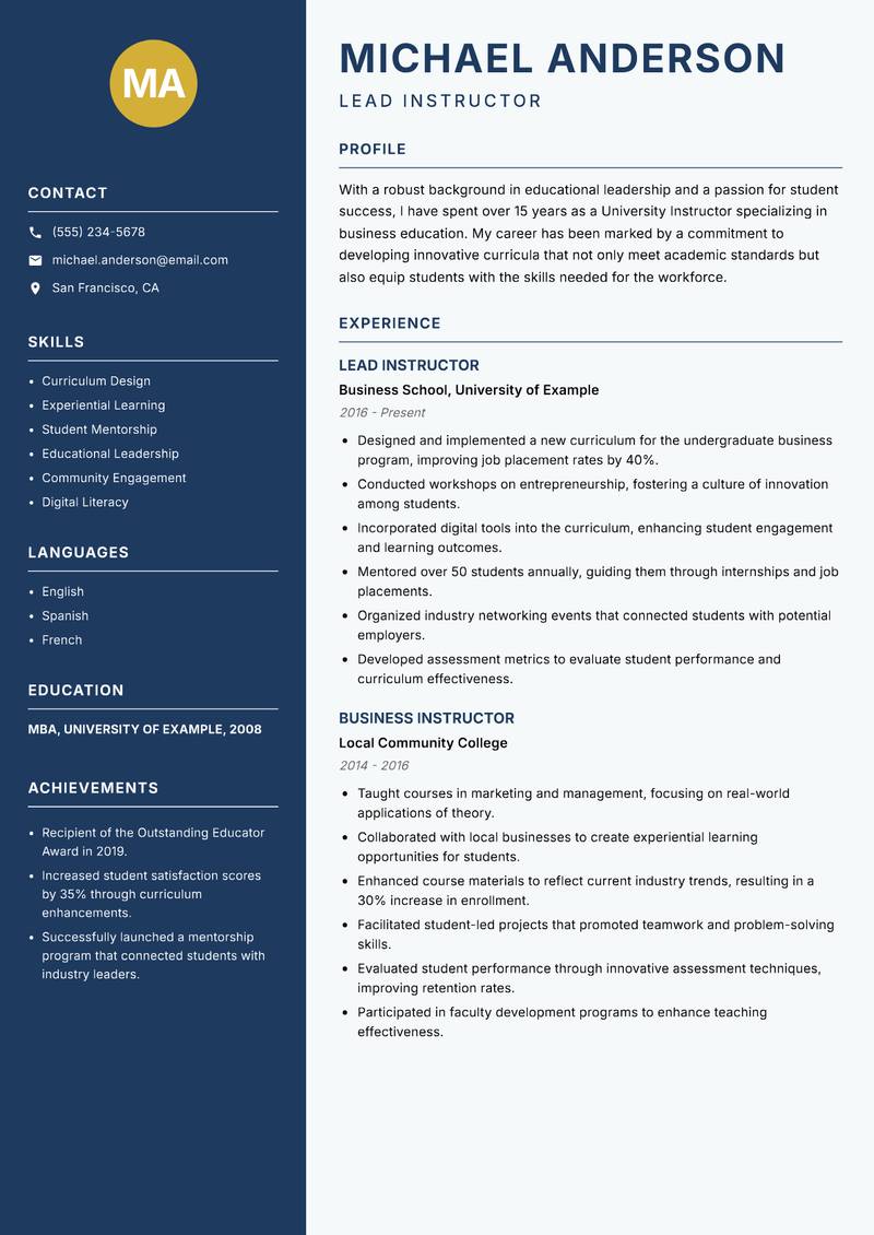 University Instructor resume sample — Lead Instructor focus