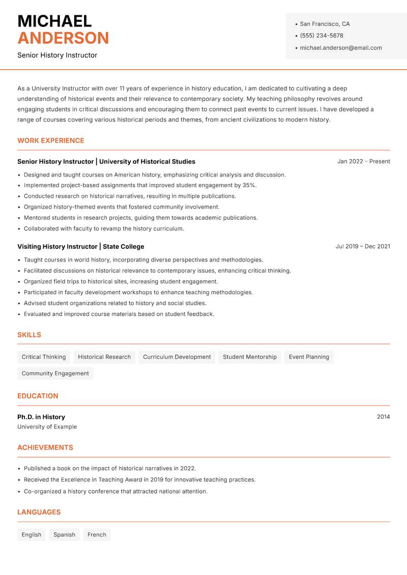 University Instructor resume sample — Senior History Instructor focus