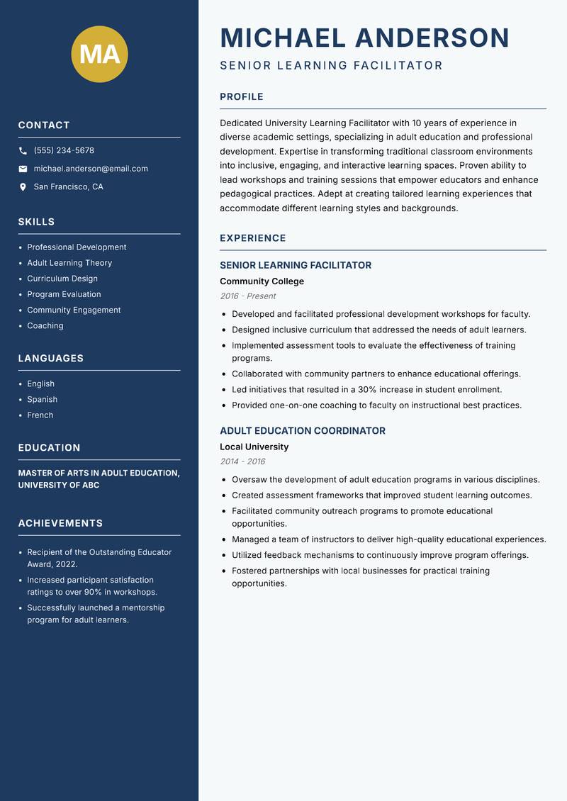 University Learning Facilitator resume sample — Senior Learning Facilitator focus