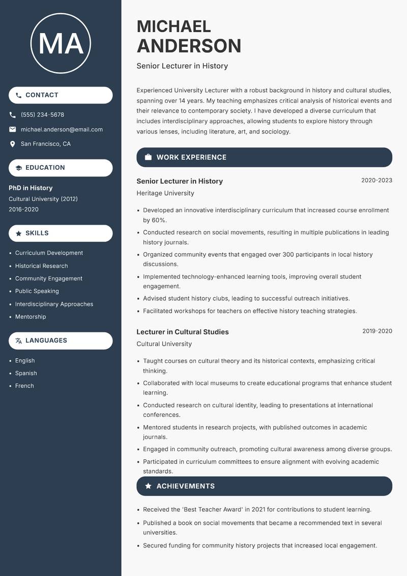 University Lecturer resume sample — Senior Lecturer in History focus