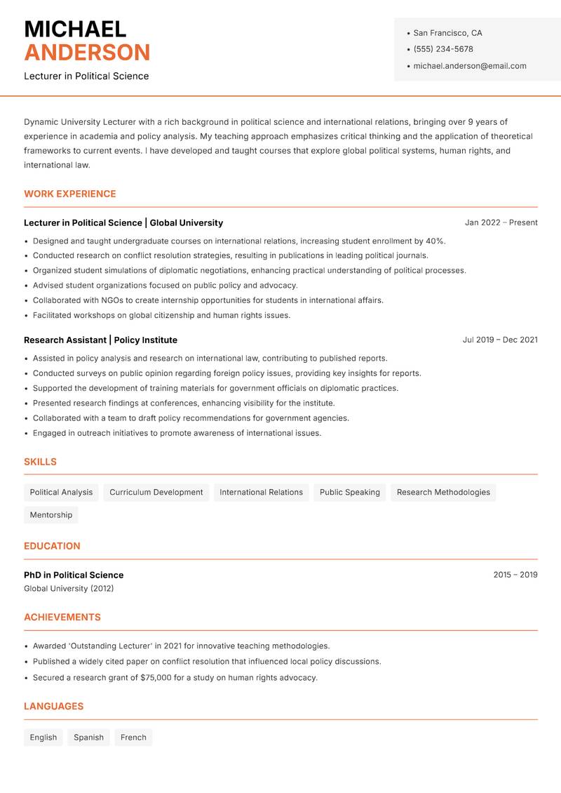 University Lecturer resume sample — Lecturer in Political Science focus