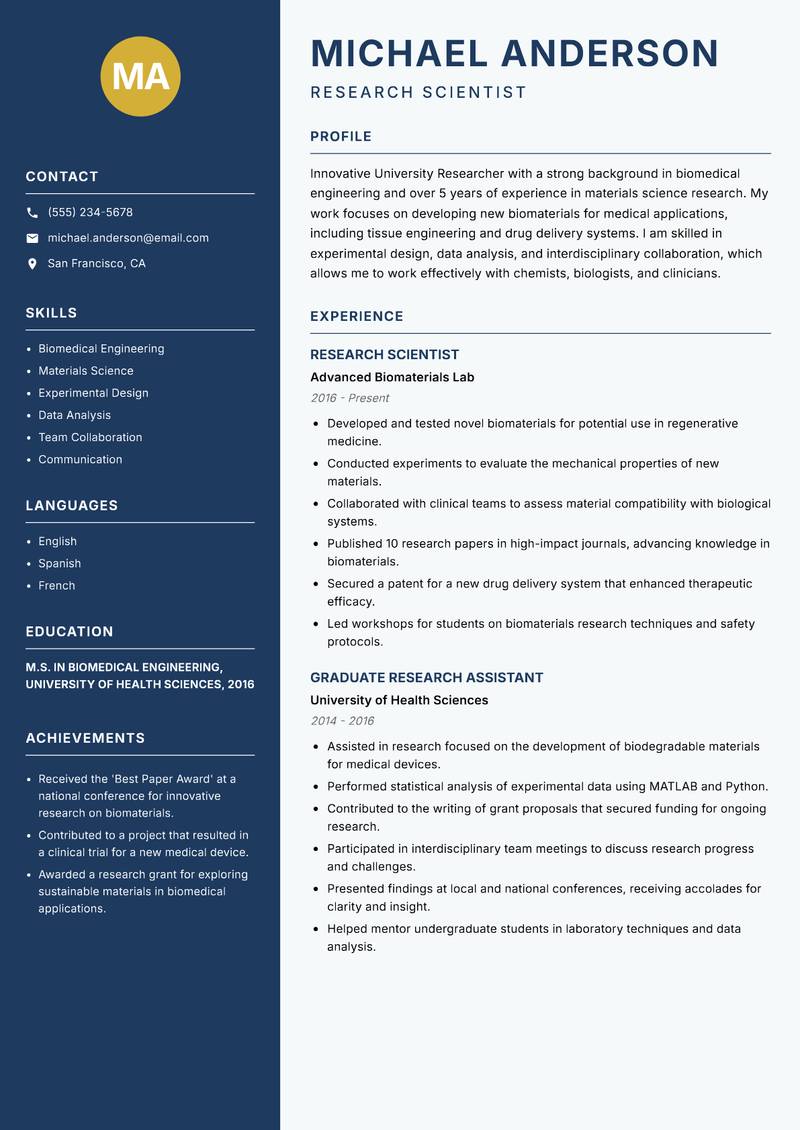 University Researcher resume sample — Research Scientist focus