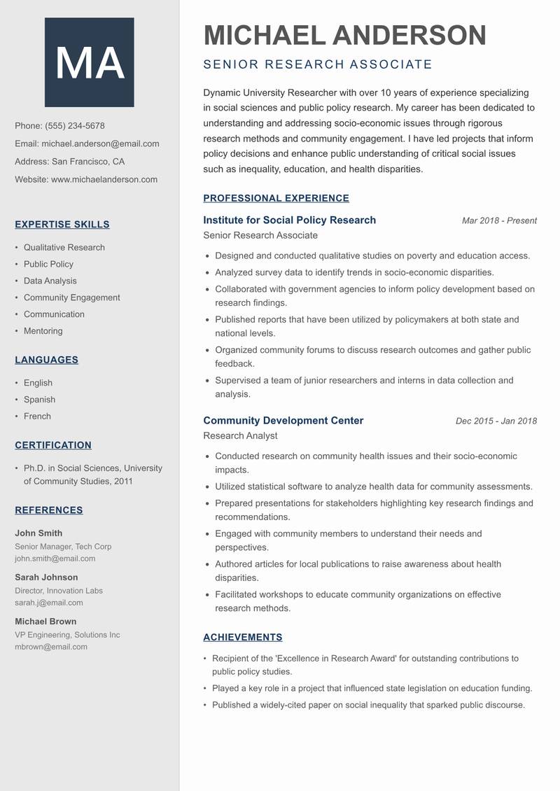 University Researcher resume sample — Senior Research Associate focus