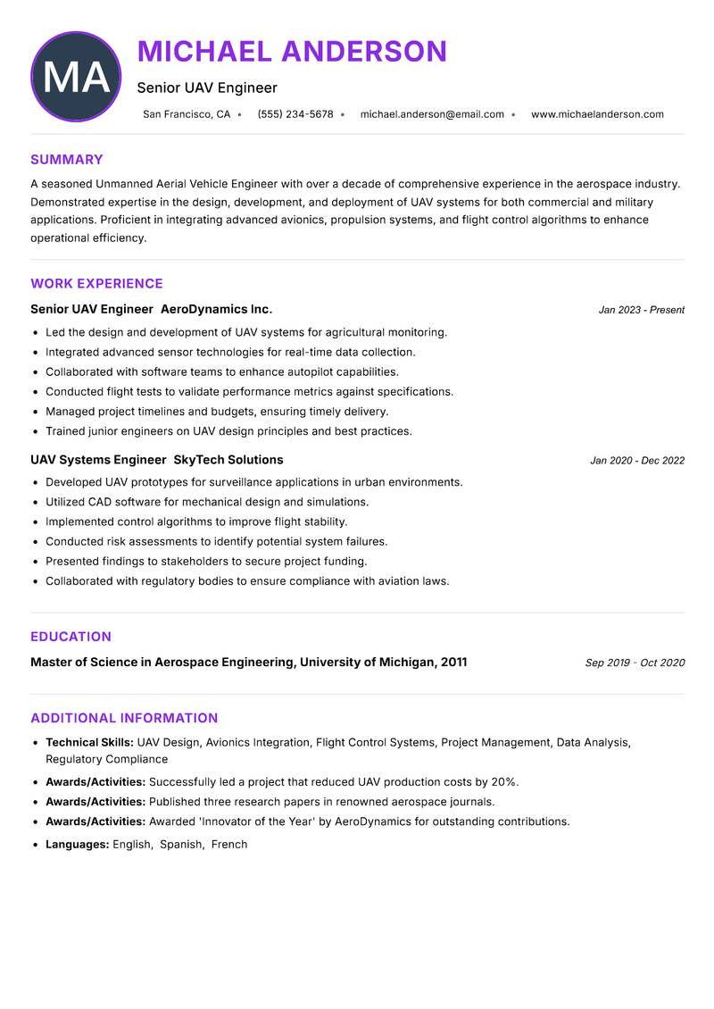 Unmanned Aerial Vehicle Engineer resume example