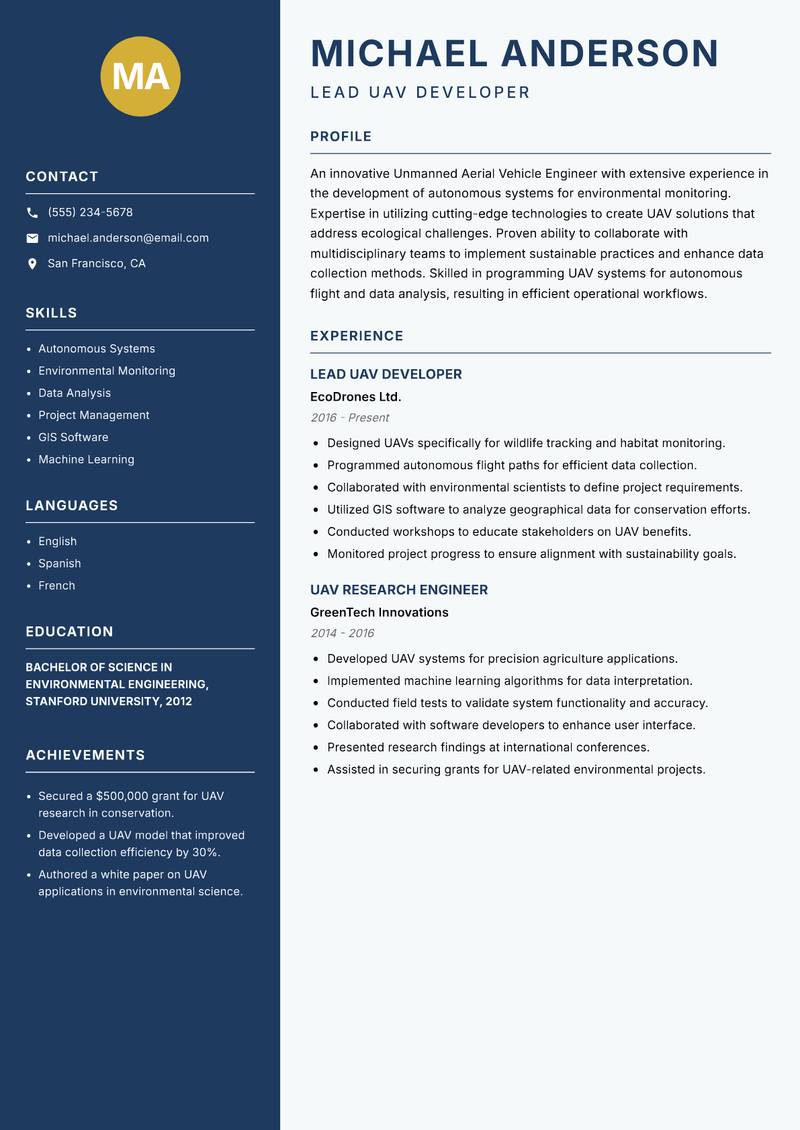 Unmanned Aerial Vehicle Engineer resume sample — Lead UAV Developer focus