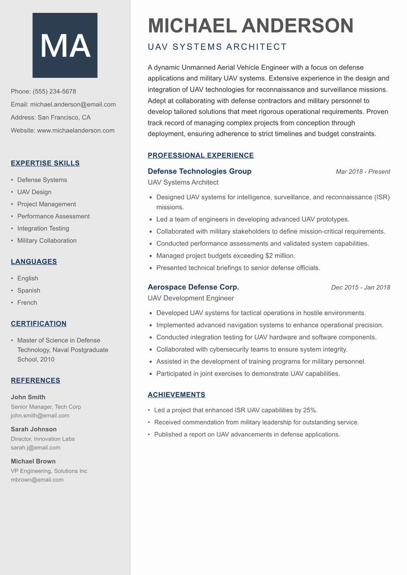 Unmanned Aerial Vehicle Engineer resume sample — UAV Systems Architect focus