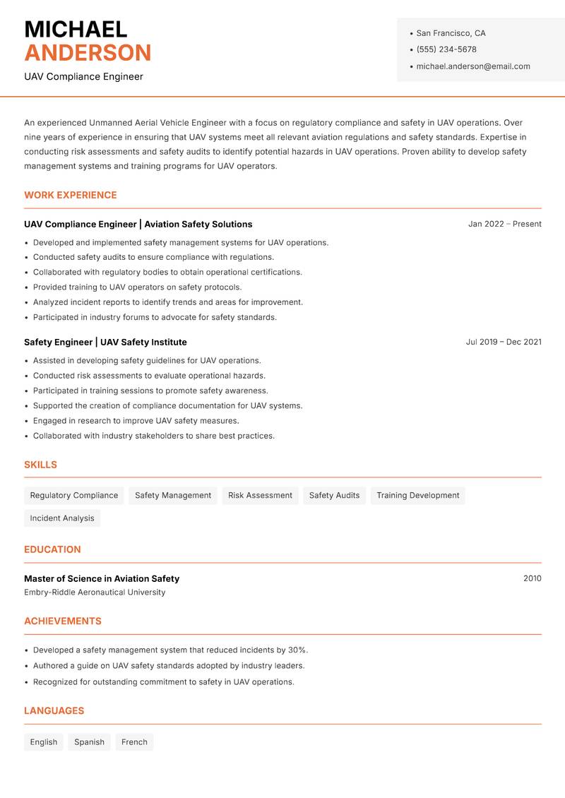 Unmanned Aerial Vehicle Engineer resume sample — UAV Compliance Engineer focus