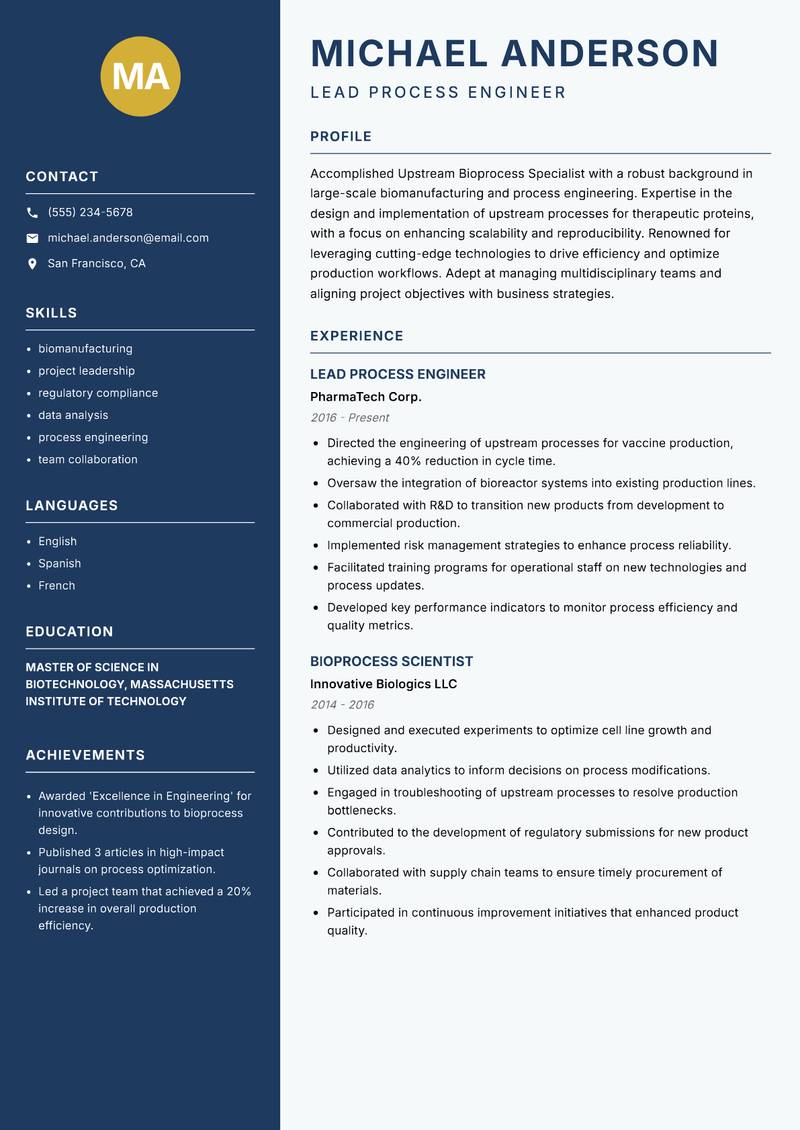 Upstream Bioprocess Specialist resume sample — Lead Process Engineer focus
