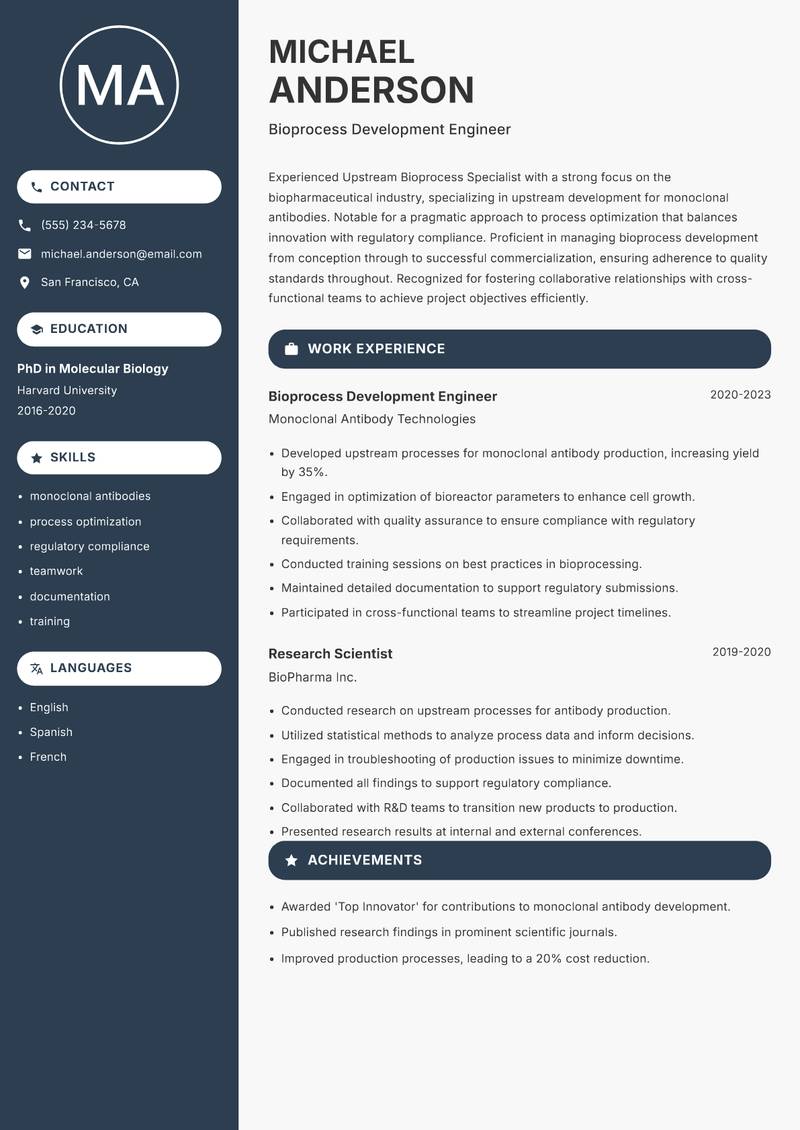 Upstream Bioprocess Specialist resume sample — Bioprocess Development Engineer focus