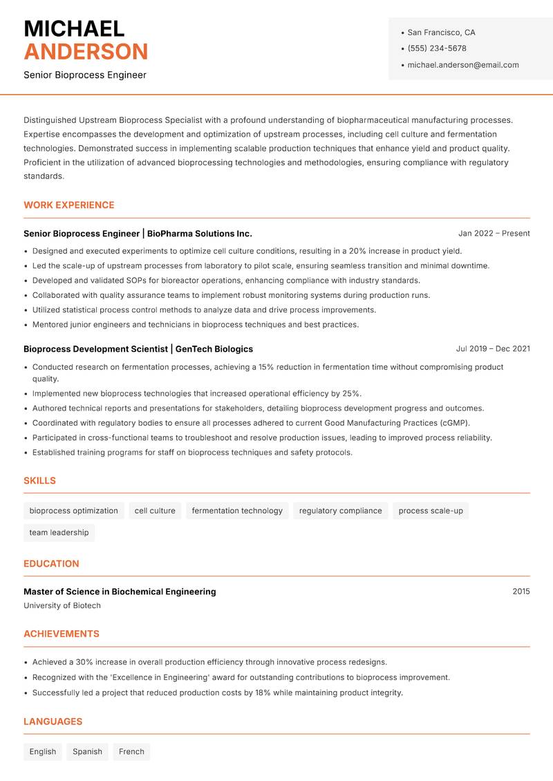 Upstream Bioprocess Specialist resume sample — Senior Bioprocess Engineer focus
