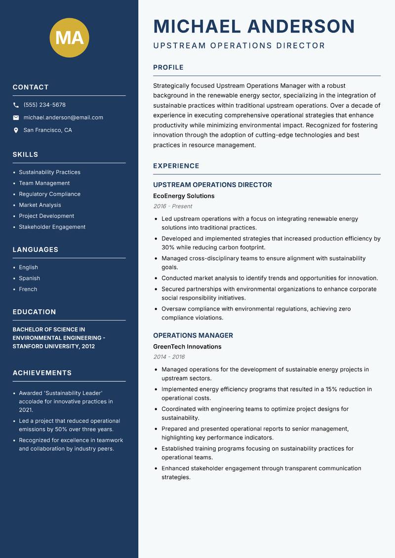 Upstream Operations Manager resume sample — Upstream Operations Director focus