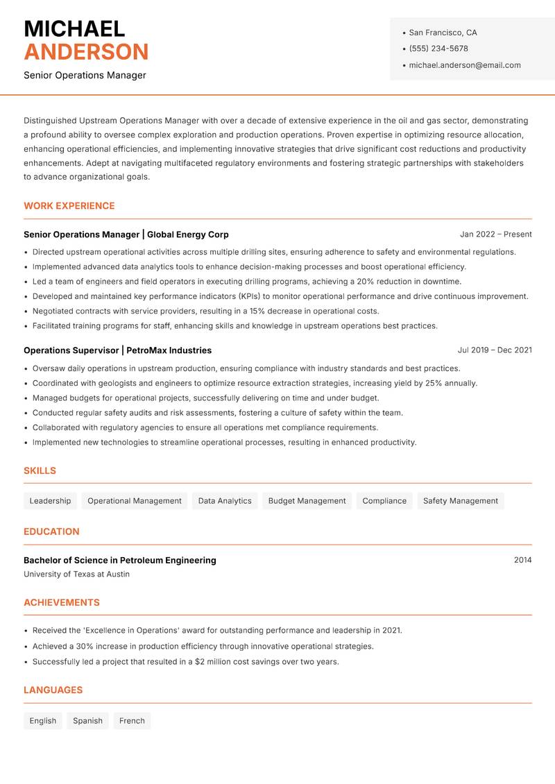 Upstream Operations Manager resume sample — Senior Operations Manager focus