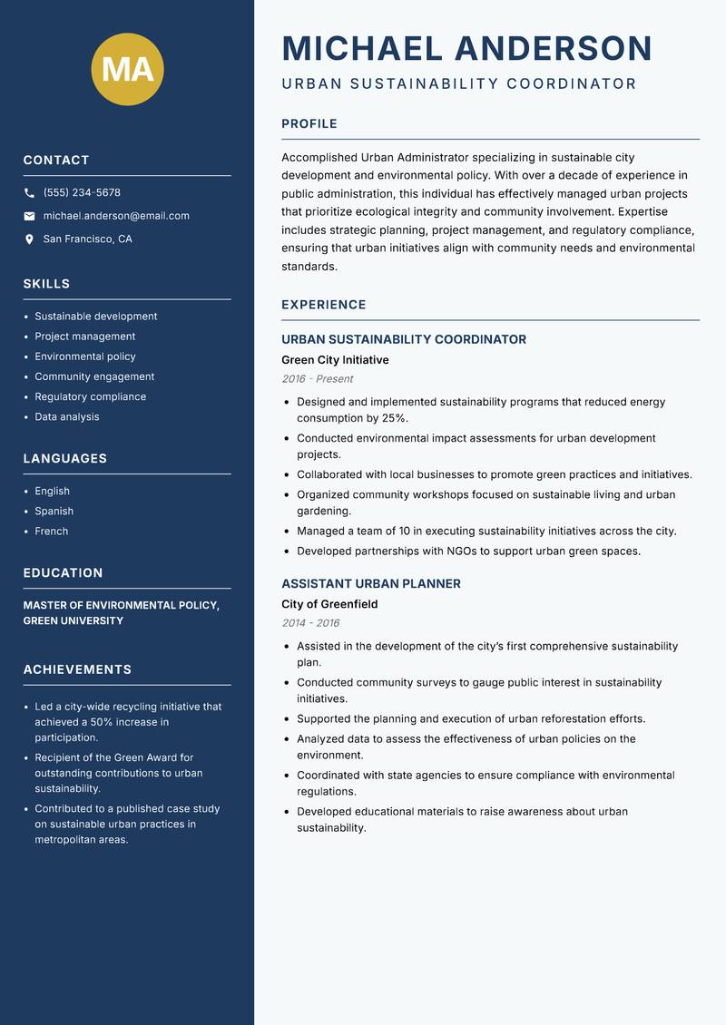 Urban Administrator resume sample — Urban Sustainability Coordinator focus