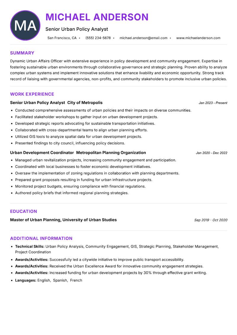 Urban Affairs Officer resume example