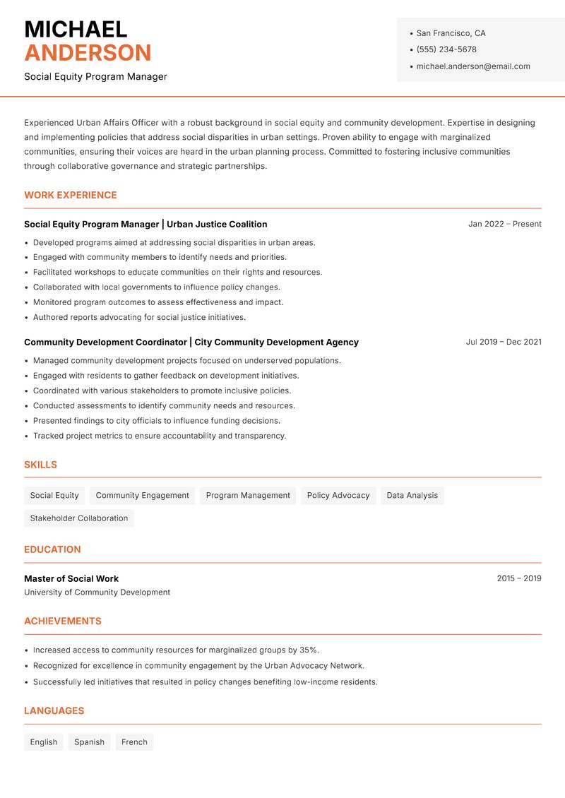 Urban Affairs Officer resume sample — Social Equity Program Manager focus
