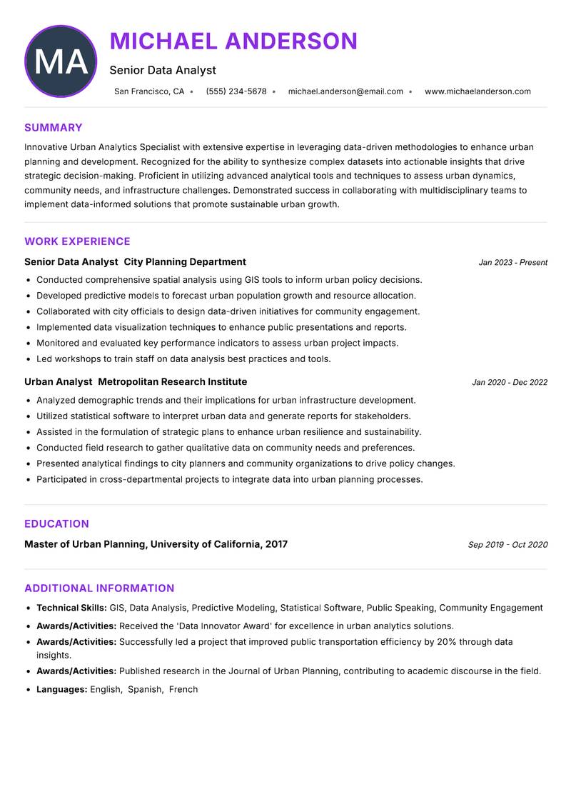 Urban Analytics Specialist resume example