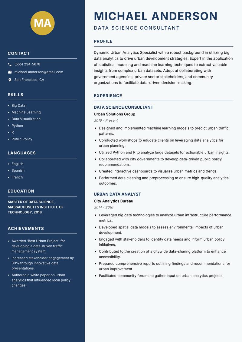 Urban Analytics Specialist resume sample — Data Science Consultant focus