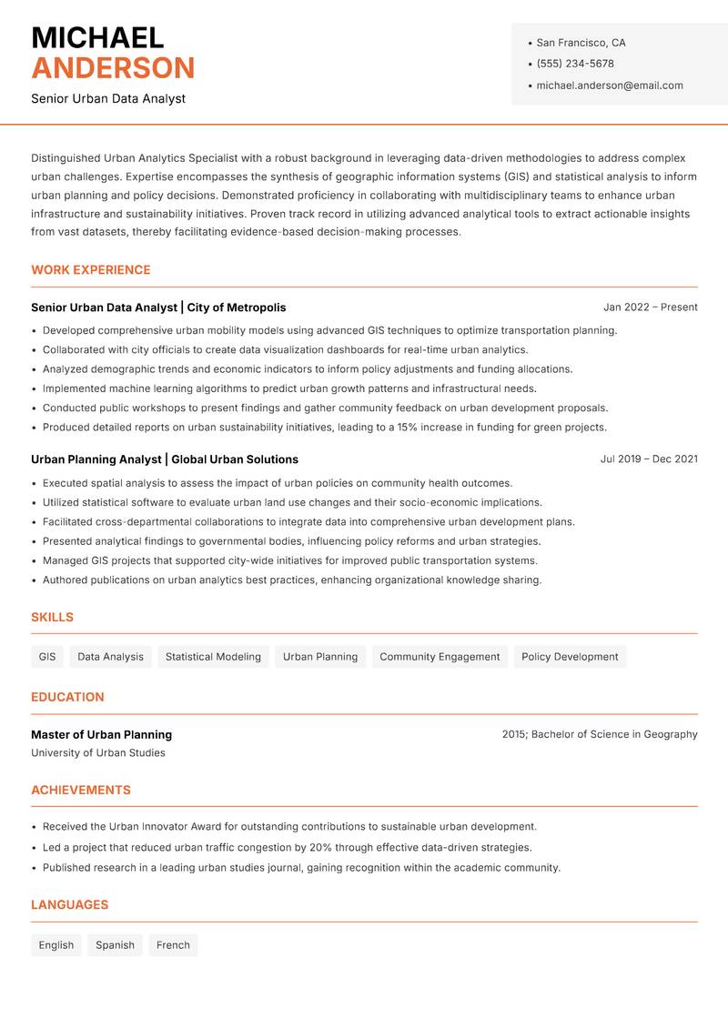 Urban Analytics Specialist resume sample — Senior Urban Data Analyst focus
