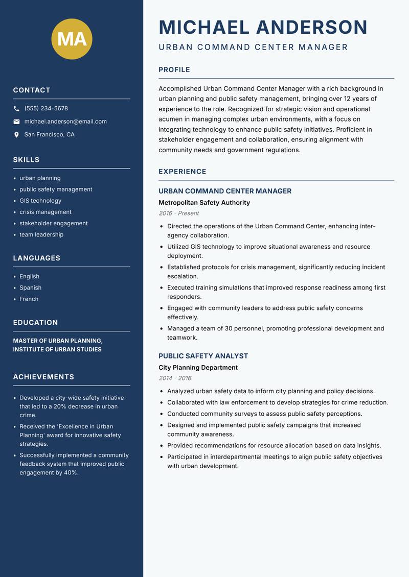 Urban Command Center Manager resume sample — Urban Command Center Manager focus
