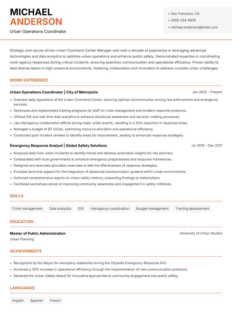 Urban Command Center Manager resume sample — Urban Operations Coordinator focus