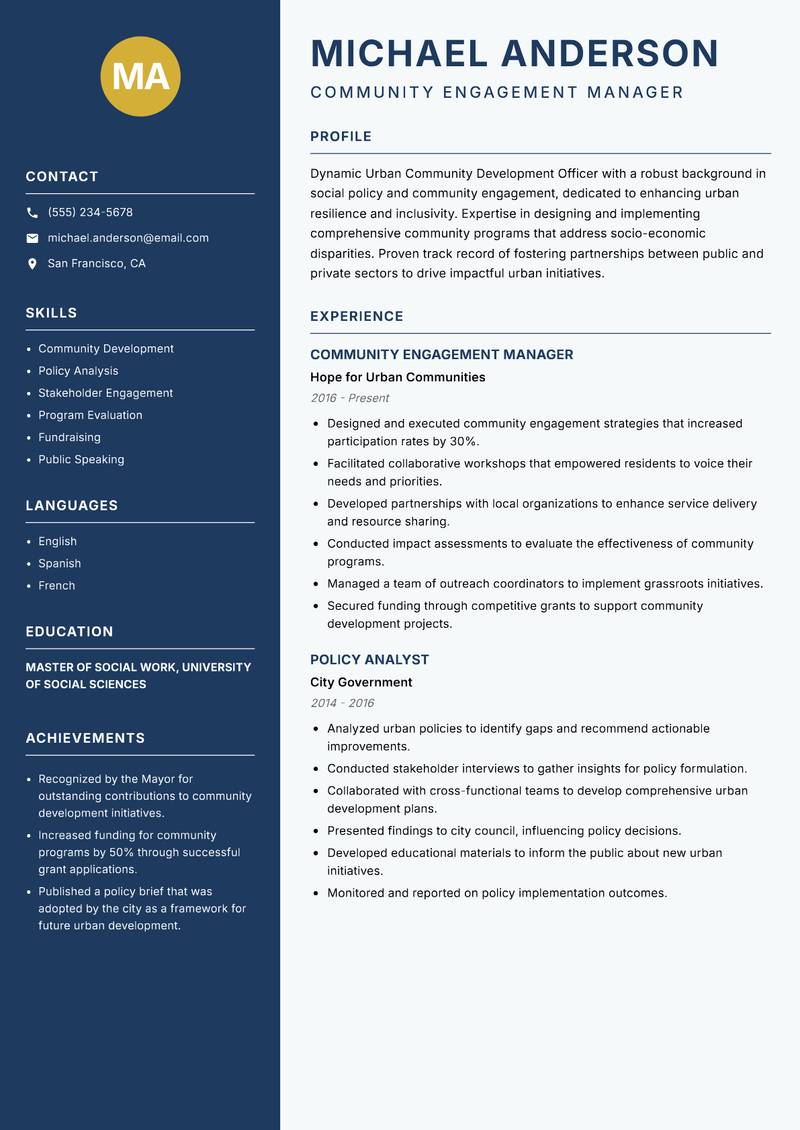 Urban Community Development Officer resume sample — Community Engagement Manager focus