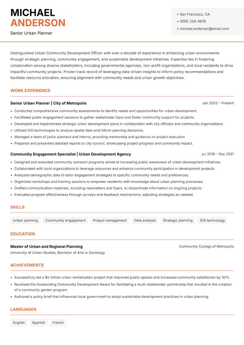 Urban Community Development Officer resume sample — Senior Urban Planner focus