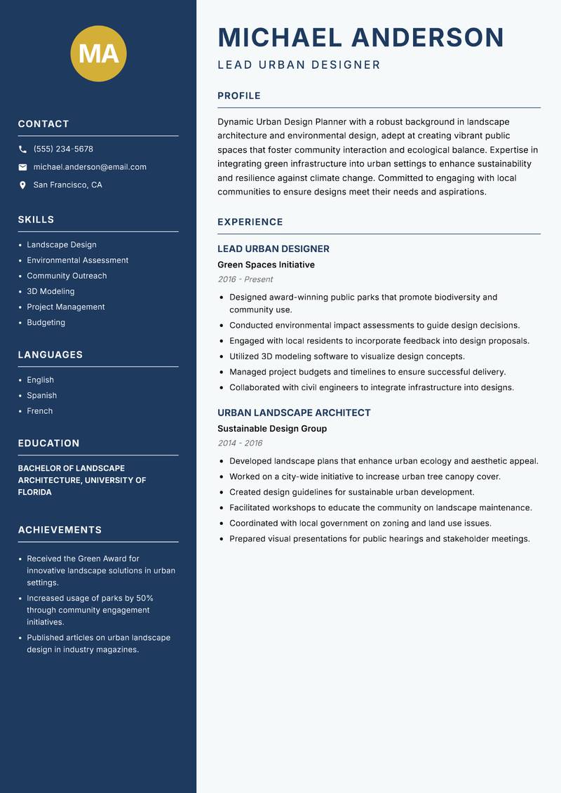 Urban Design Planner resume sample — Lead Urban Designer focus
