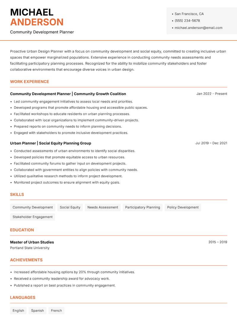 Urban Design Planner resume sample — Community Development Planner focus