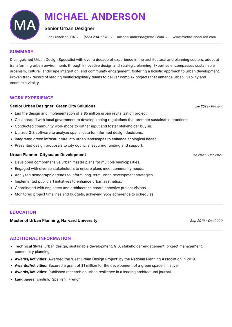 Urban Design Specialist resume example