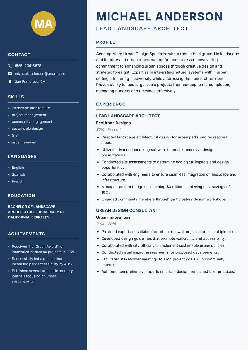 Urban Design Specialist resume sample — Lead Landscape Architect focus