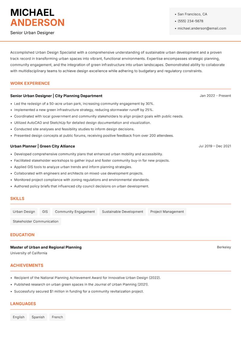 Urban Design Specialist resume sample — Senior Urban Designer focus