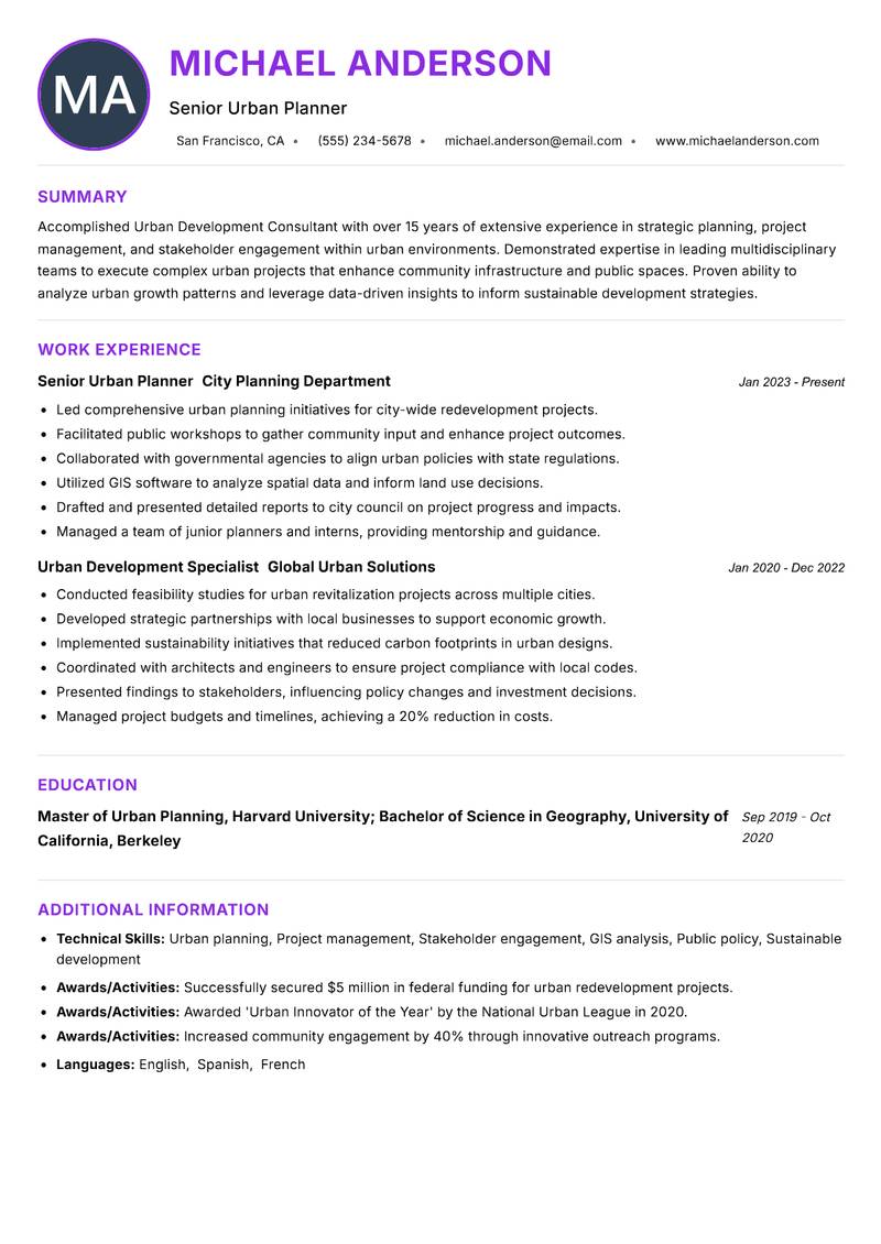 Urban Development Consultant resume example