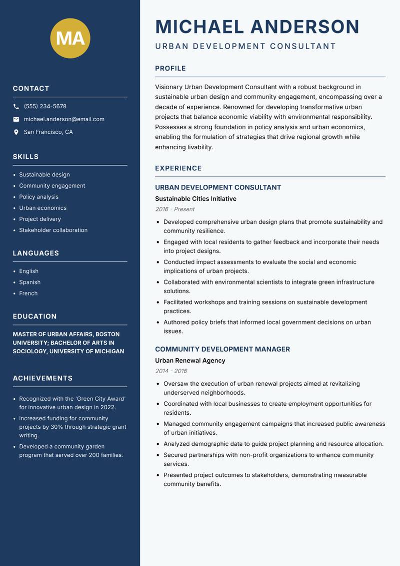 Urban Development Consultant resume sample — Urban Development Consultant focus