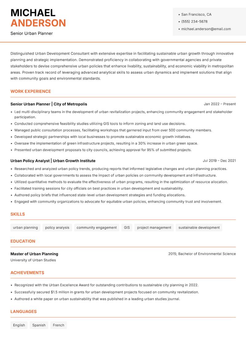Urban Development Consultant resume sample — Senior Urban Planner focus