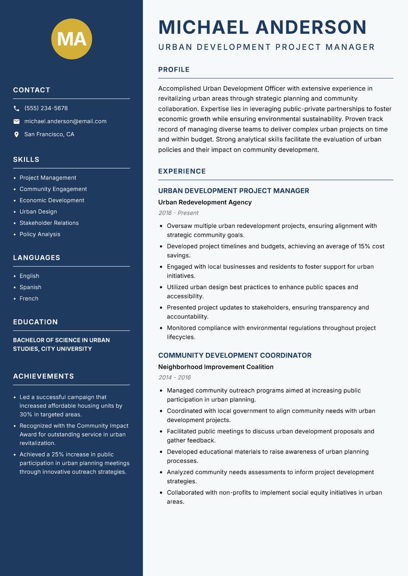 Urban Development Officer resume sample — Urban Development Project Manager focus