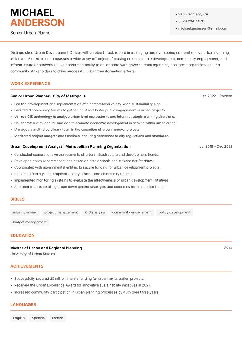 Urban Development Officer resume sample — Senior Urban Planner focus
