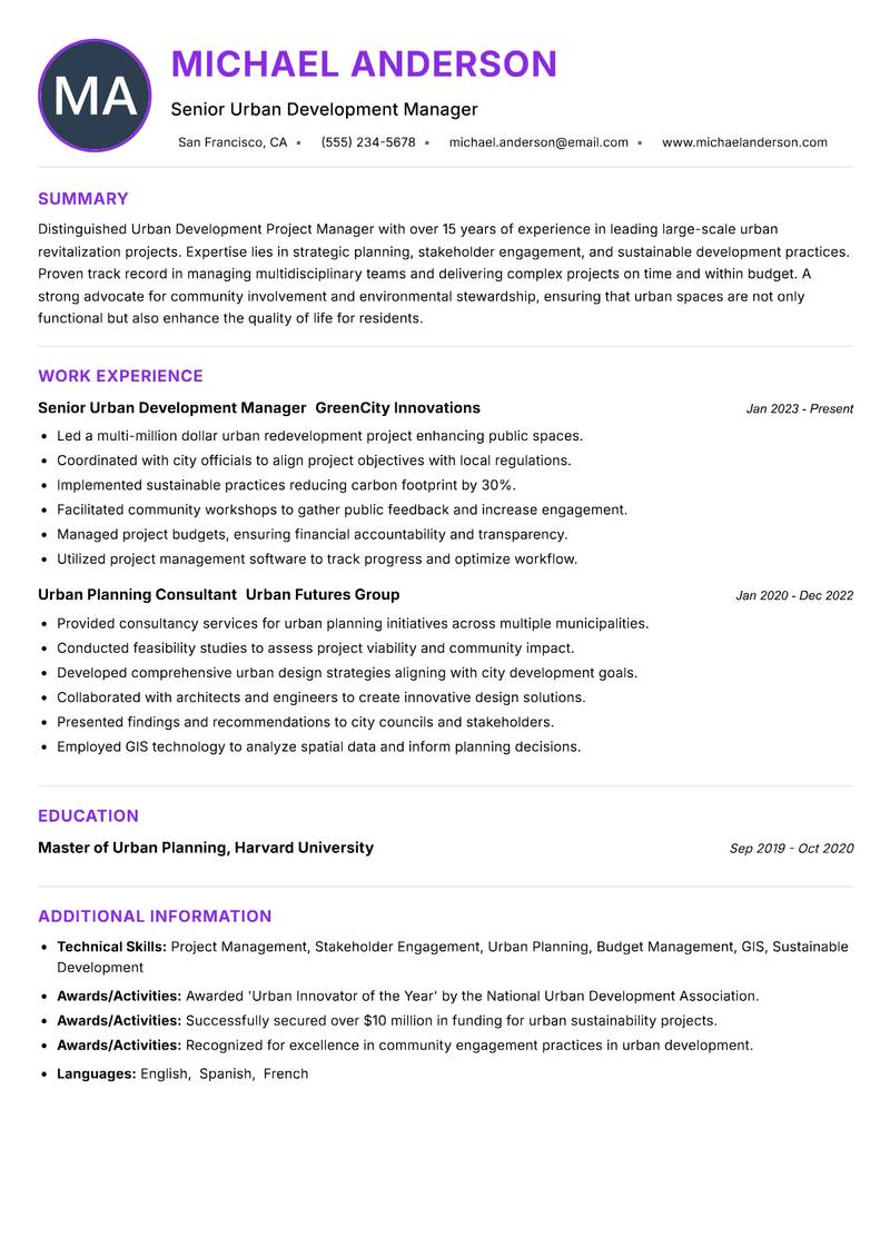 Urban Development Project Manager resume example