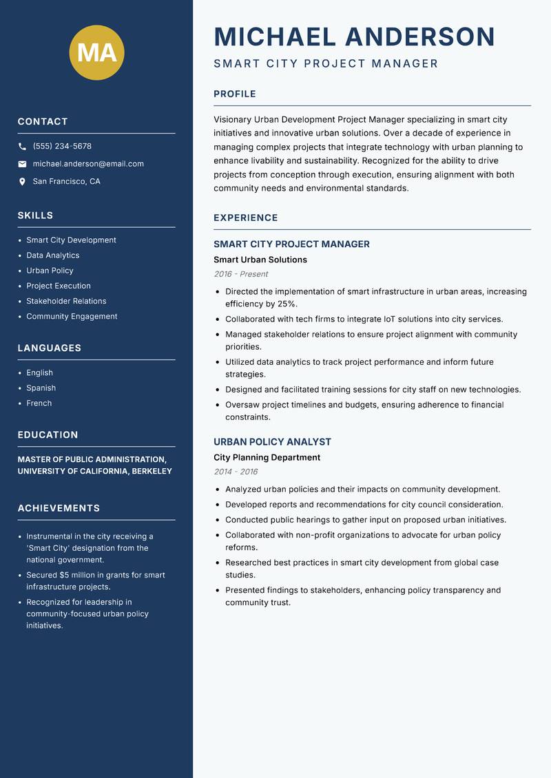 Urban Development Project Manager resume sample — Smart City Project Manager focus
