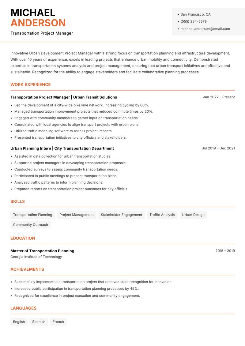 Urban Development Project Manager resume sample — Transportation Project Manager focus