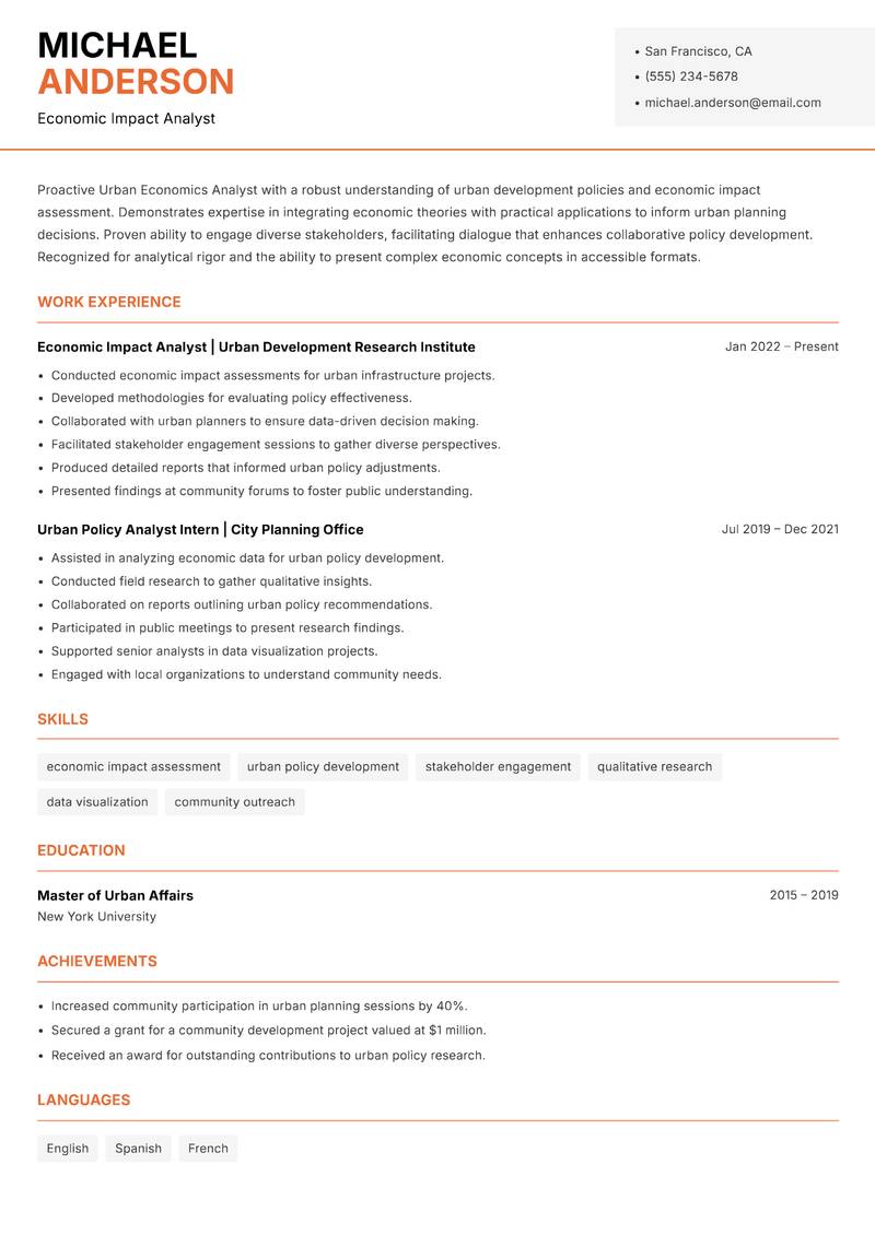 Urban Economics Analyst resume sample — Economic Impact Analyst focus
