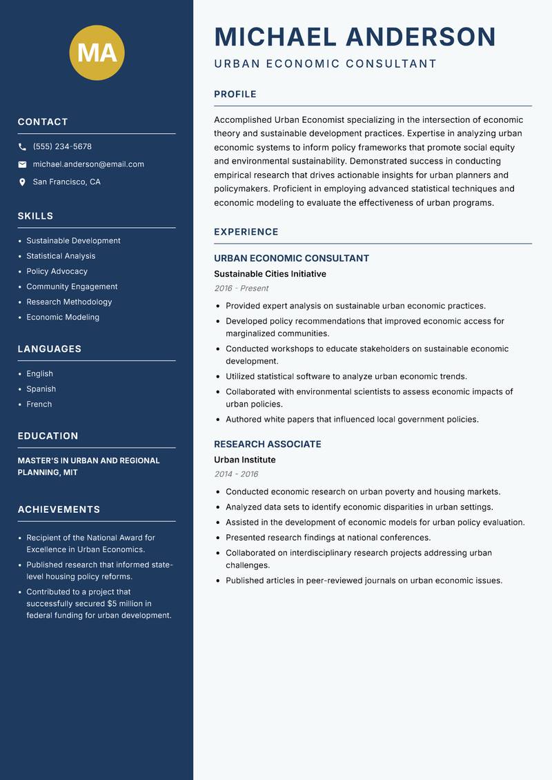 Urban Economist resume sample — Urban Economic Consultant focus