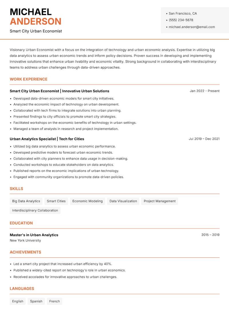 Urban Economist resume sample — Smart City Urban Economist focus