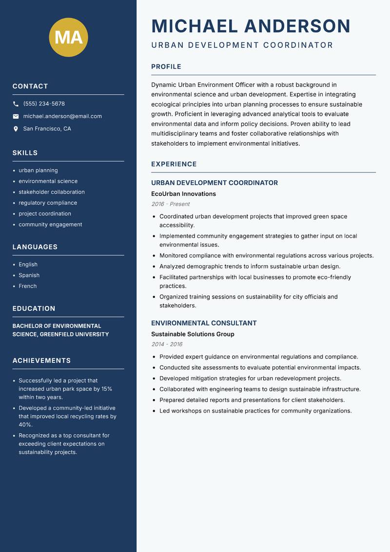 Urban Environment Officer resume sample — Urban Development Coordinator focus
