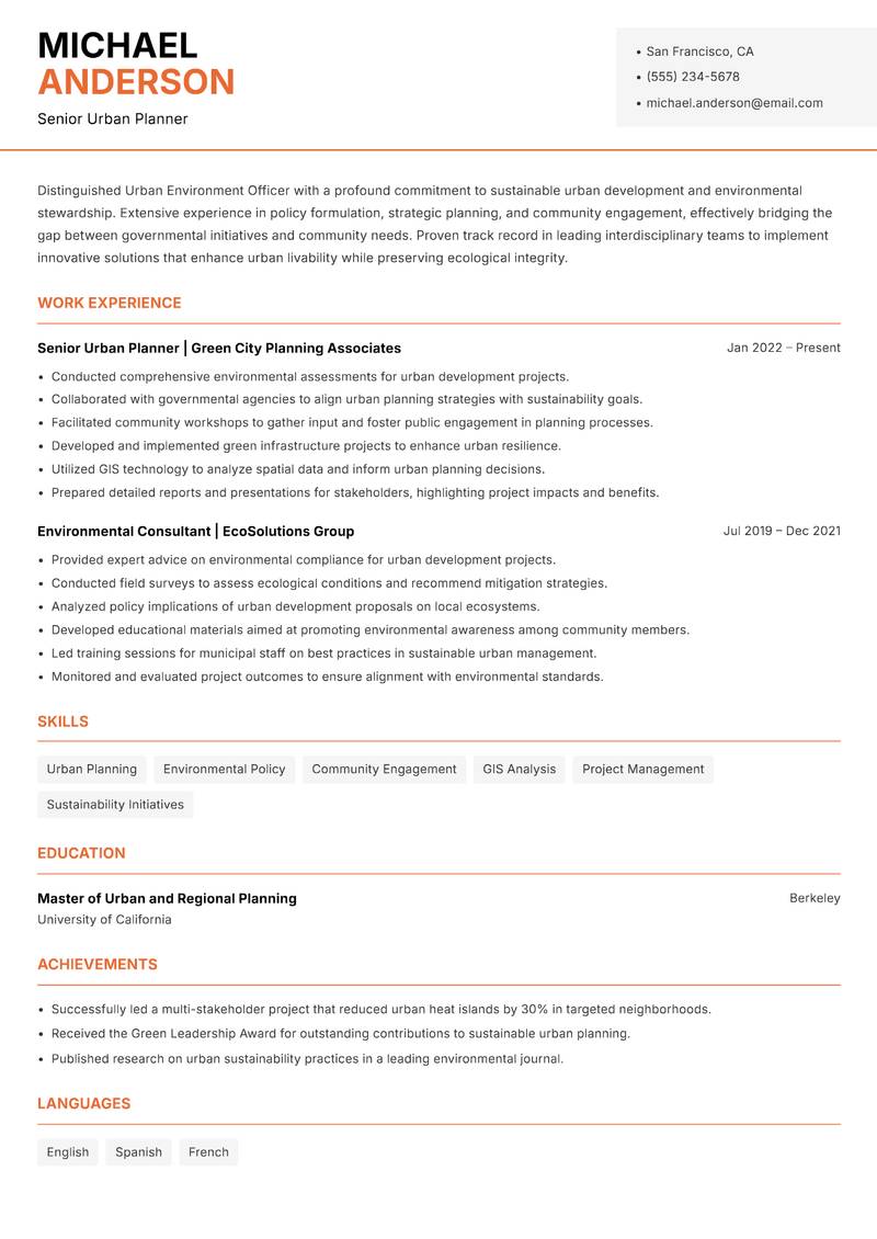 Urban Environment Officer resume sample — Senior Urban Planner focus