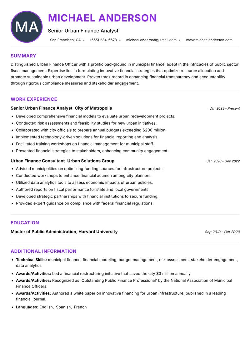 Urban Finance Officer resume example