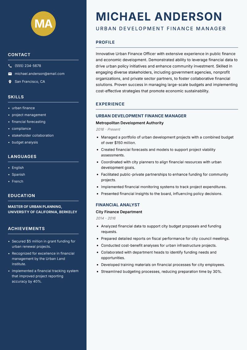Urban Finance Officer resume sample — Urban Development Finance Manager focus
