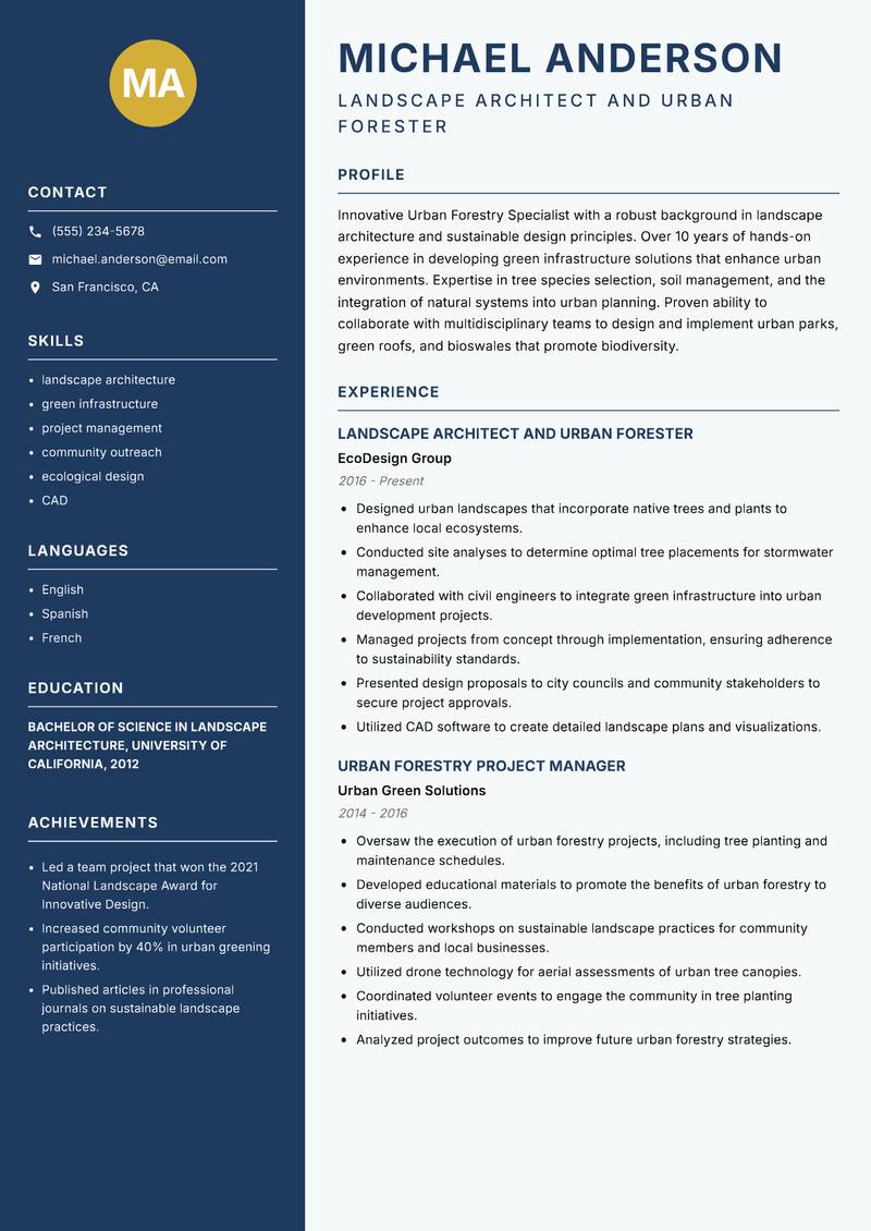Urban Forestry Specialist resume sample — Landscape Architect and Urban Forester focus